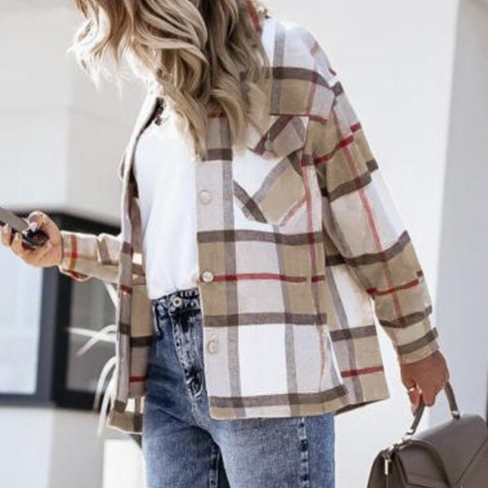 Tan, Red, and Brown Plaid Shacket, NWT